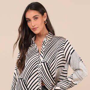 Lulus Playfully Composed Black And Cream Striped Satin Button-up Top White